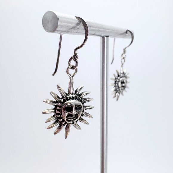 VTG Solid Sterling Silver 925 Smiling Sun Dangle Earrings Size 1.25" Length - Picture 2 of 9